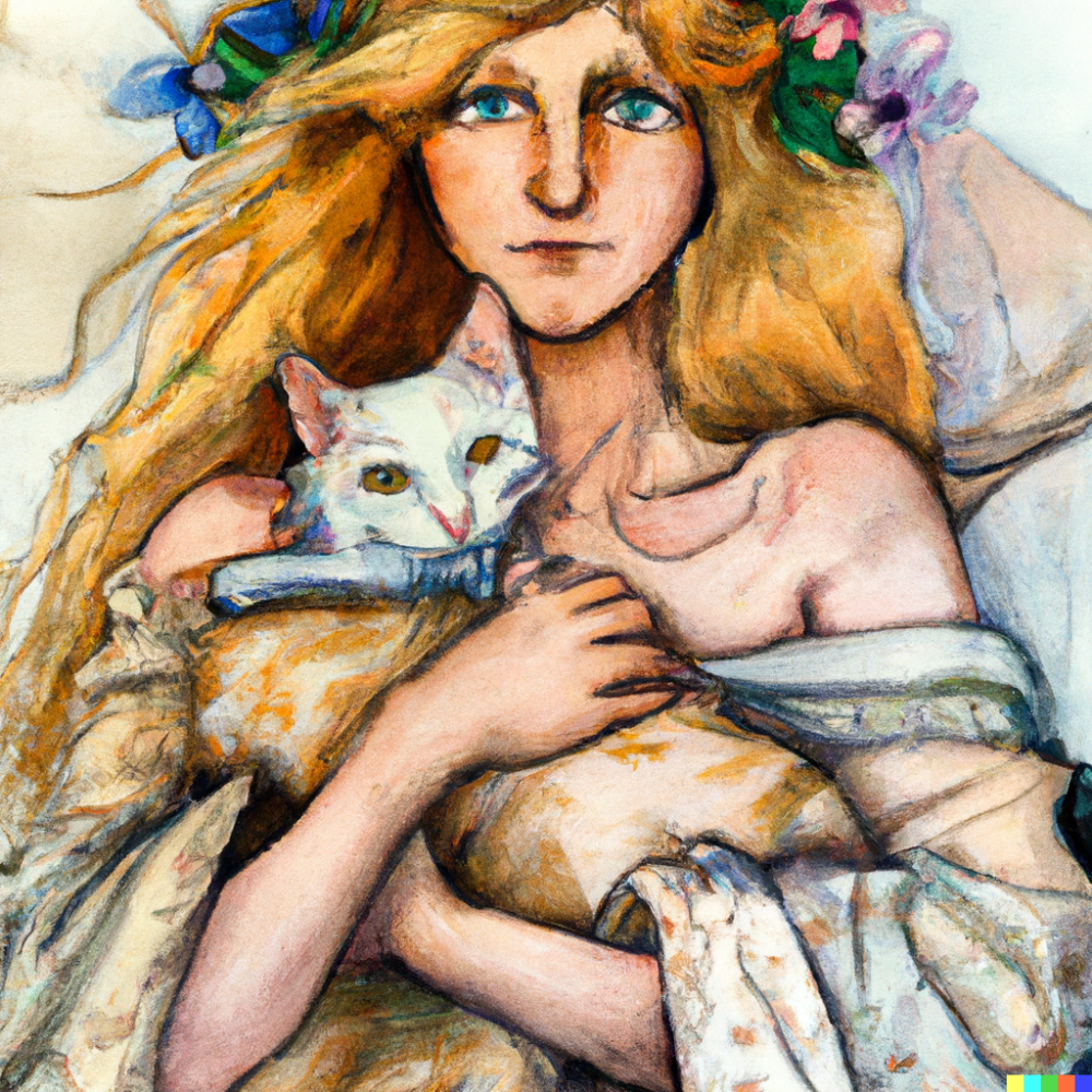 watercolor painting in a alfons mucha of a young blonde woman, with blue eyes, wearing a long dress and flowers in her hair, with a tabby cat in her arms