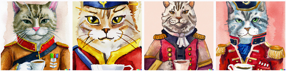 watercolor portrait of a tabby cat wearing a napoleon costume and holding a cup of tea