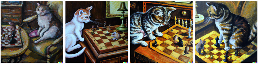 oil painting of a cat playing chess with a mouse