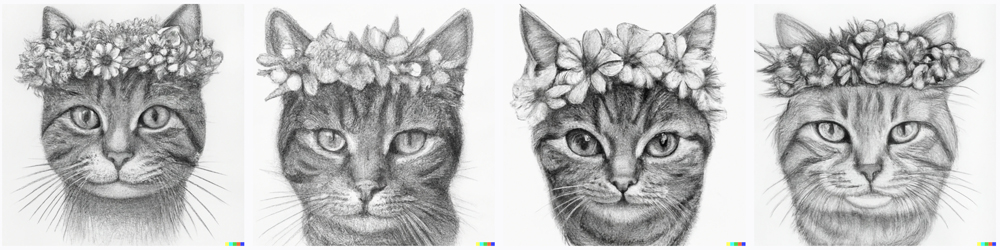 pencil drawing of a tabby cat wearing a crown of flowers on the head