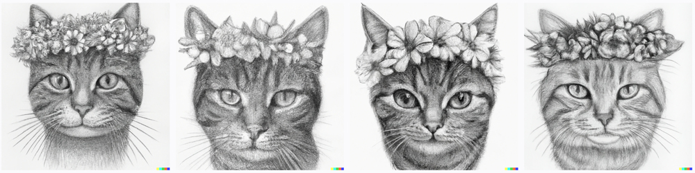 pencil drawing of a tabby cat wearing a crown of flowers on the head