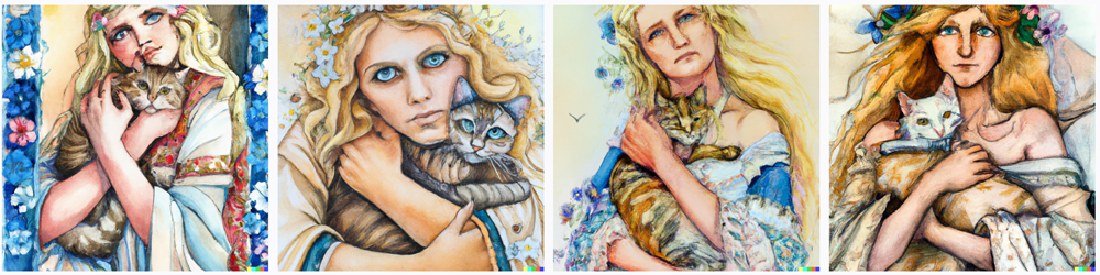 watercolor painting in a alfons mucha of a young blonde woman, with blue eyes, wearing a long dress and flowers in her hair, with a tabby cat in her arms