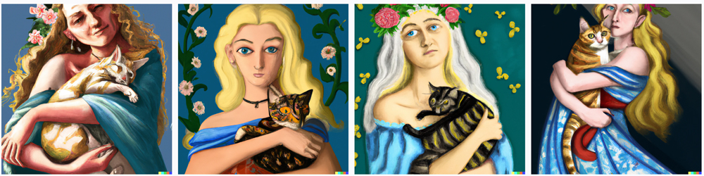 illustration in the style of botticelli of a young blonde woman, with blue eyes, wearing a long dress and flowers in her hair, with a tabby cat in her arms