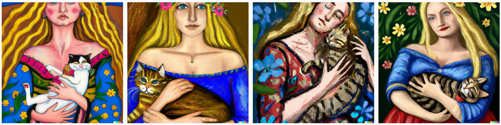 painting in the style of sandro botticelli of a young blonde woman, with blue eyes, wearing a long dress and flowers in her hair, with a tabby cat in her arms