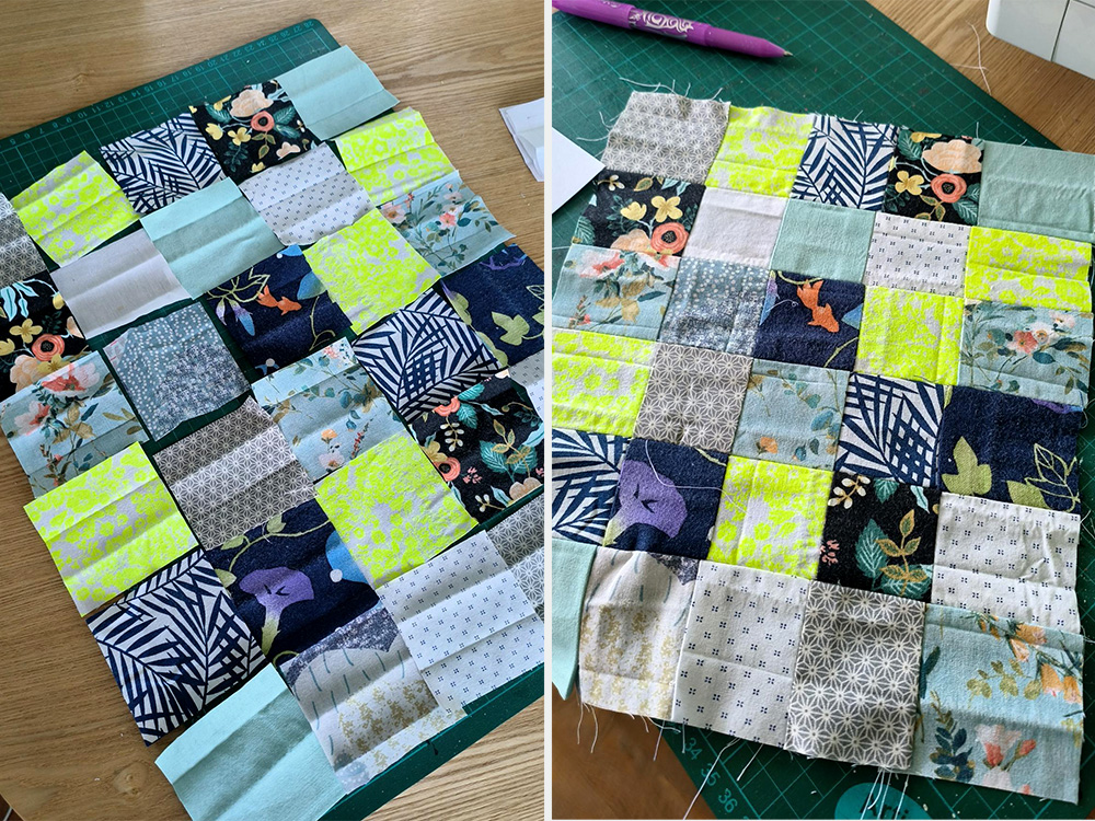 Une pochette en patchwork, cousue main à partir de vieux masques en tissu